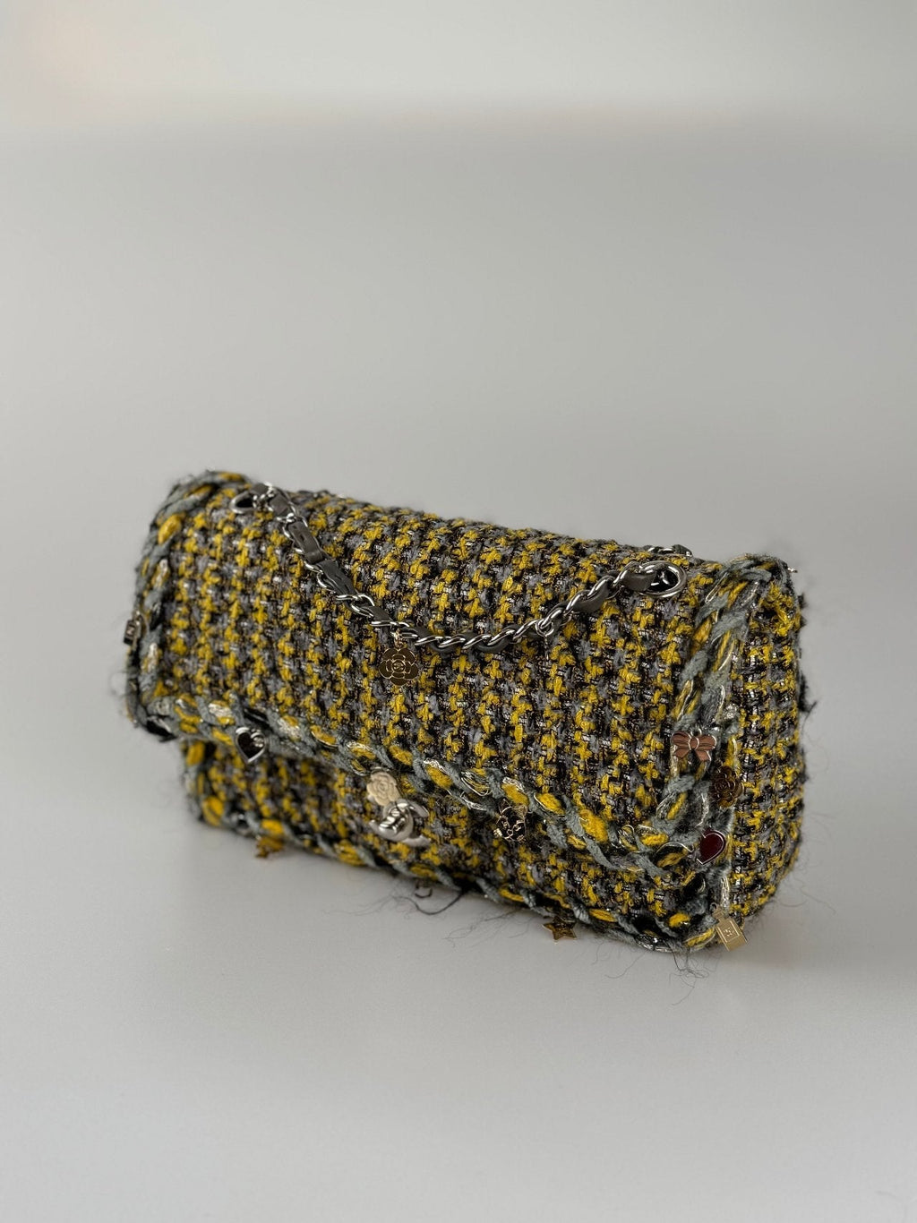 Chanel Tweed Braided Charms Medium Flap Bag Yellow Grey Black