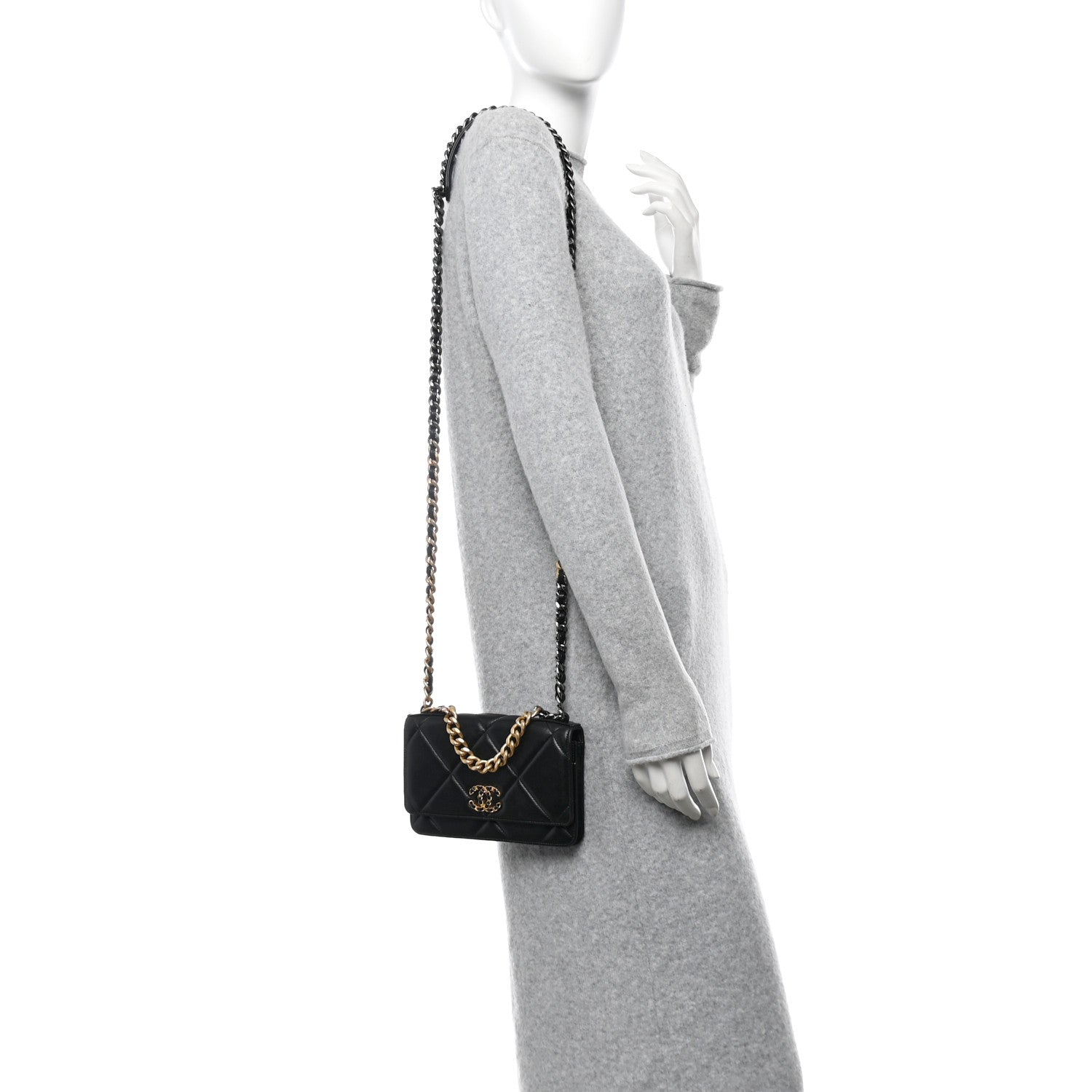 Lambskin Quilted Chanel 19 Wallet On Chain WOC Black