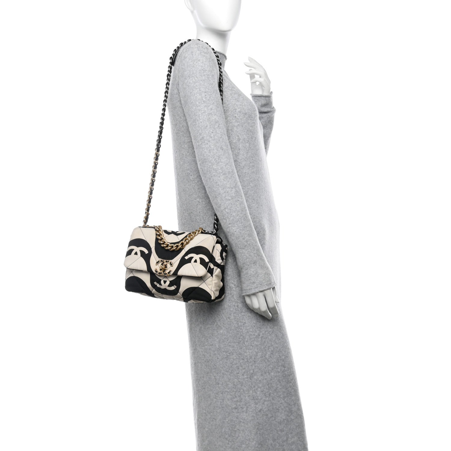 Fabric Printed Medium Chanel 19 Flap Black Ecru