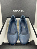 Chanel Navy Black Calfskin Quilted Cap Toe Camellia Pumps 37.5 with Cc Logo