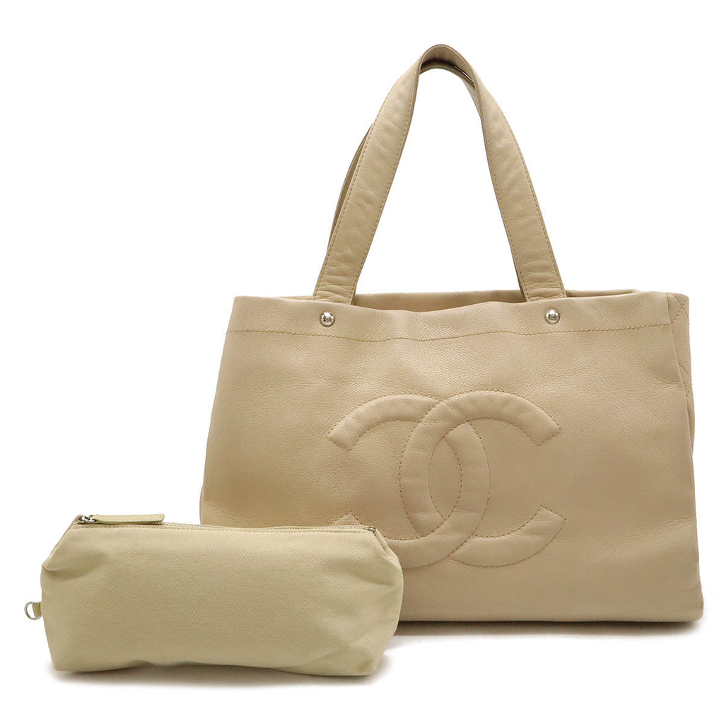 Chanel Caviar Skin Coco Mark 2way Tote Bag Light Beige Silver Hardware
