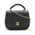 Chanel Chevron Coco Mark Top Handle 2way Chain Shoulder Bag Black Leather