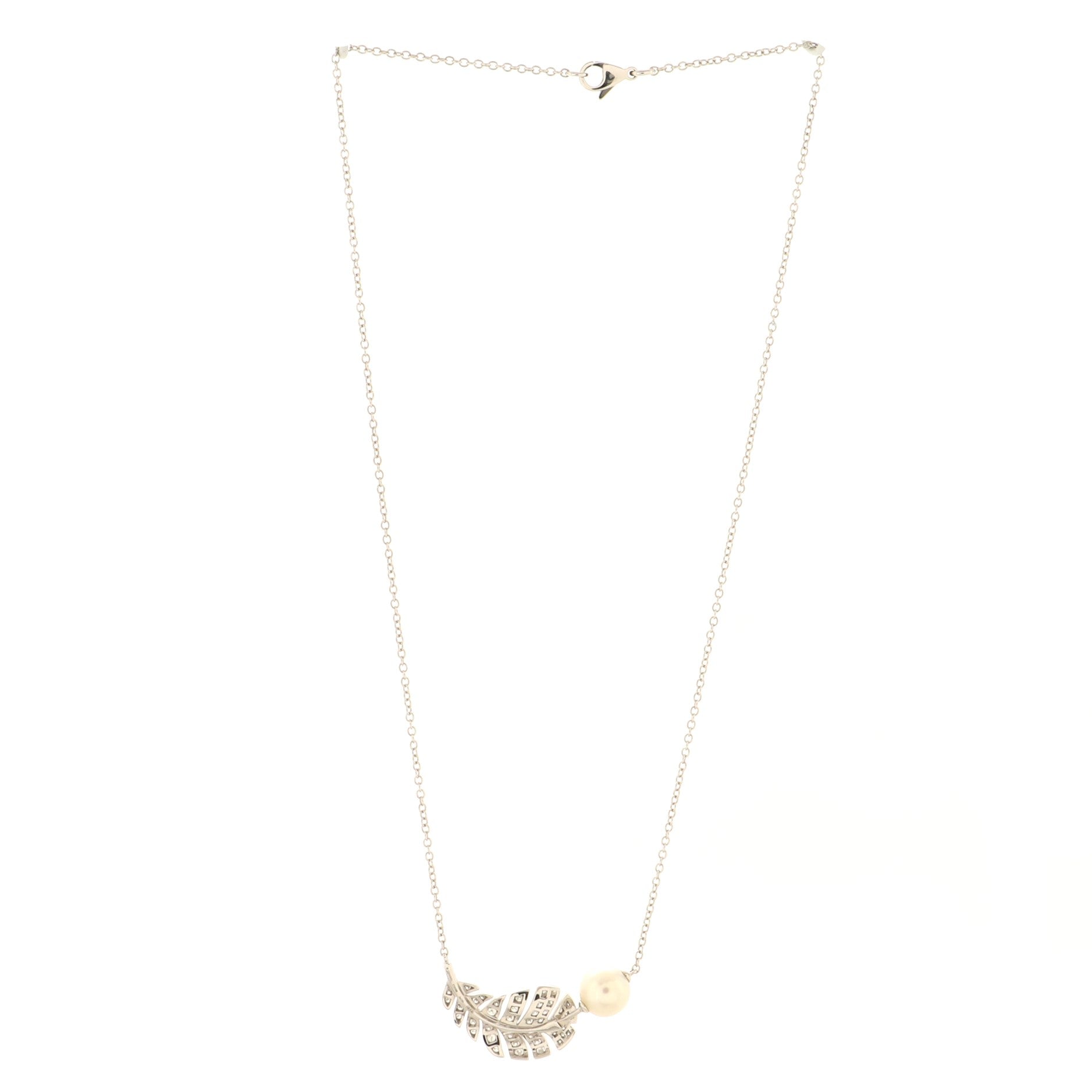 Plume De Chanel Pendant Necklace 18K White Gold and Diamonds with Pearl