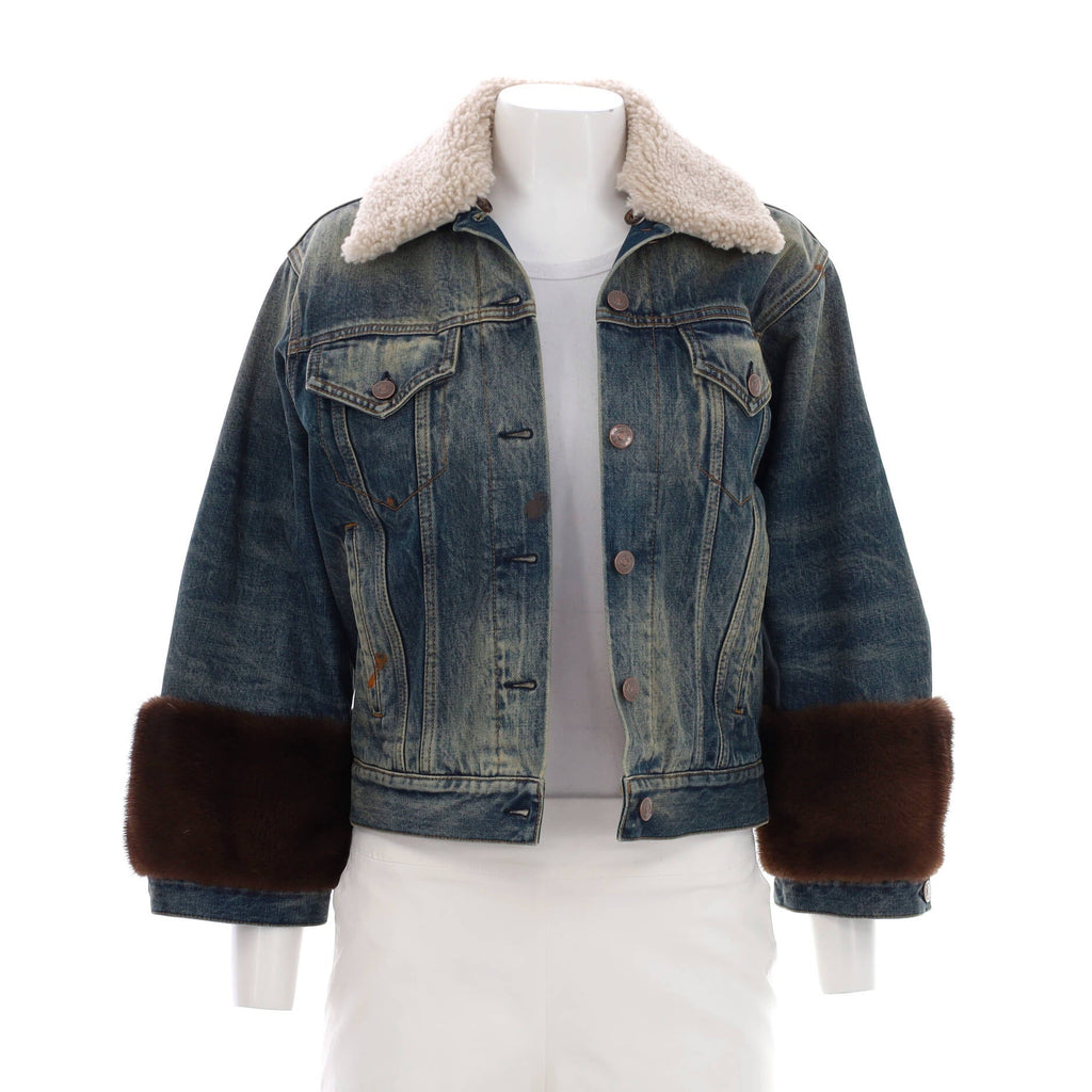 Women's Gucciffication Denim Jacket Embellished Denim with Shearling and Fur