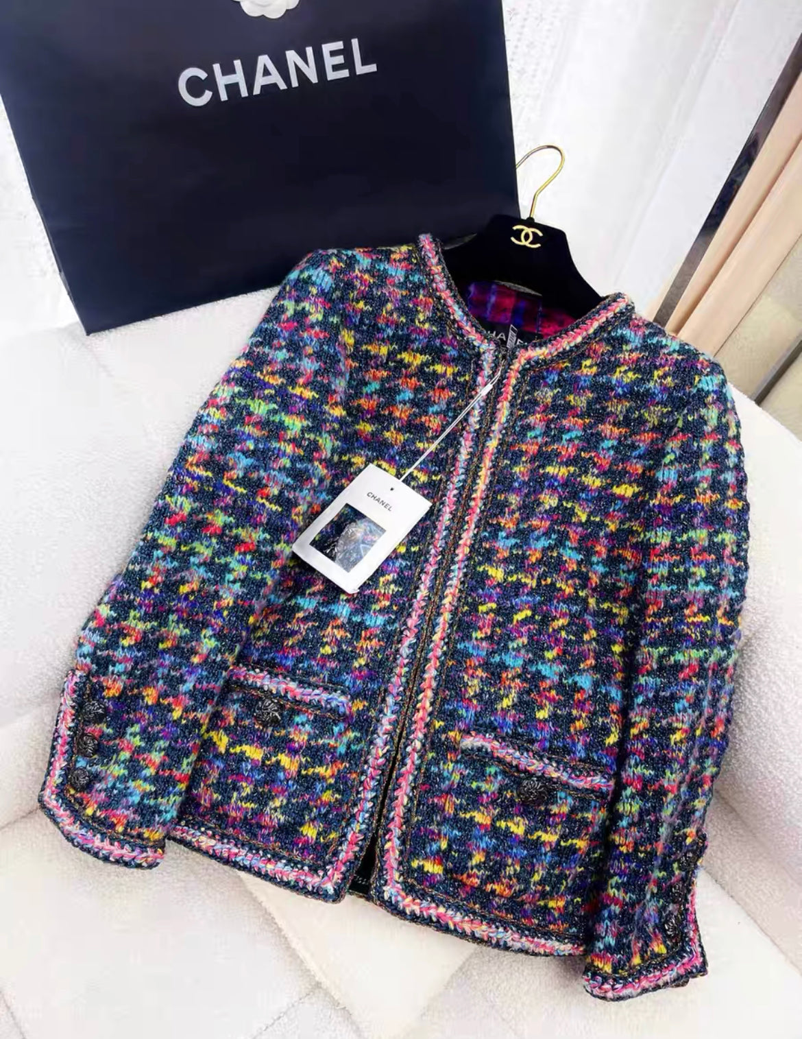 CHANEL 20A Multicolor/Metallic Houndstooth Braided Trim Blazer size 36 Brand new with tags