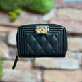 CHANEL Boy Zip Around Coin Purse Black Quilted Caviar Wallet