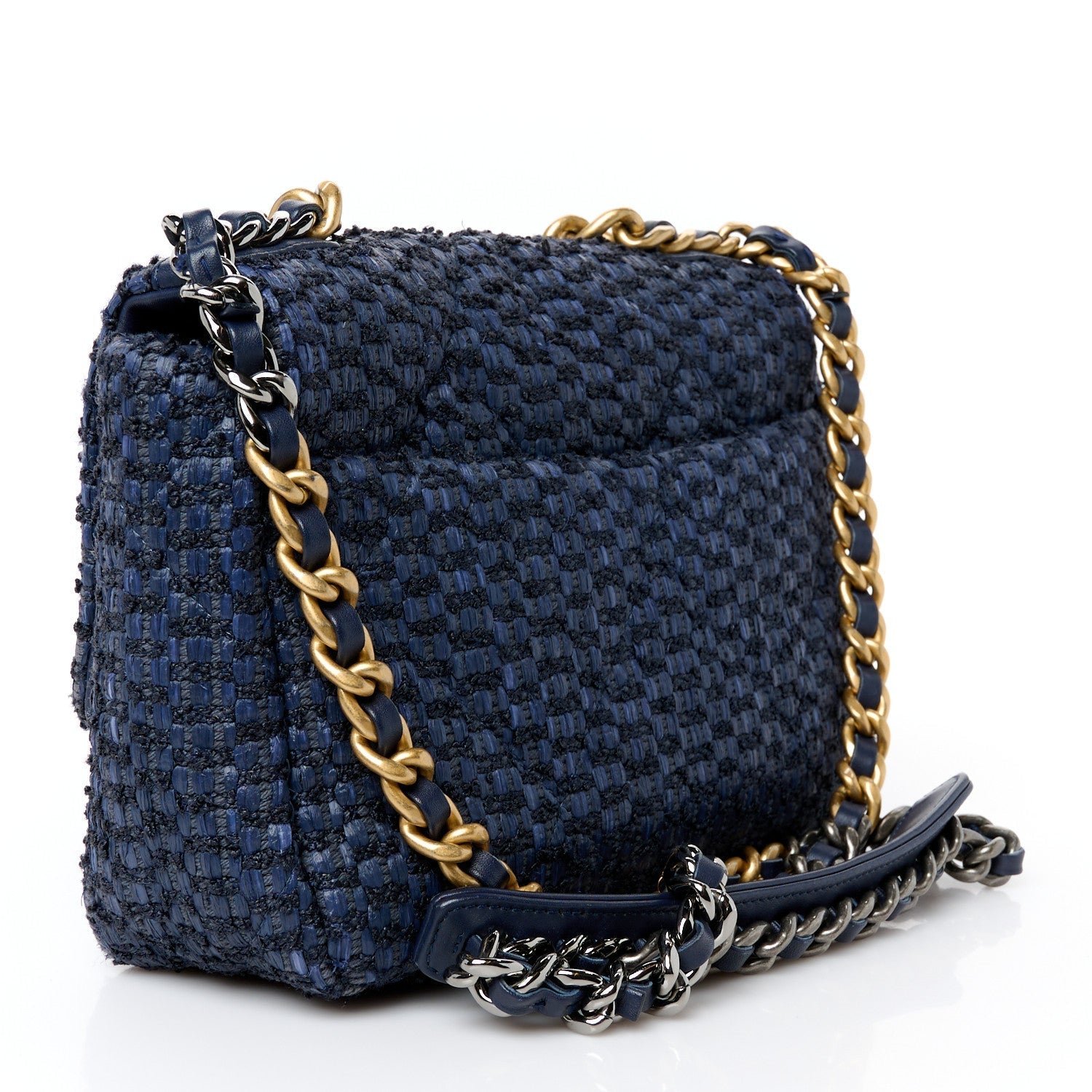 Raffia Tweed Quilted Medium Chanel 19 Flap  Navy