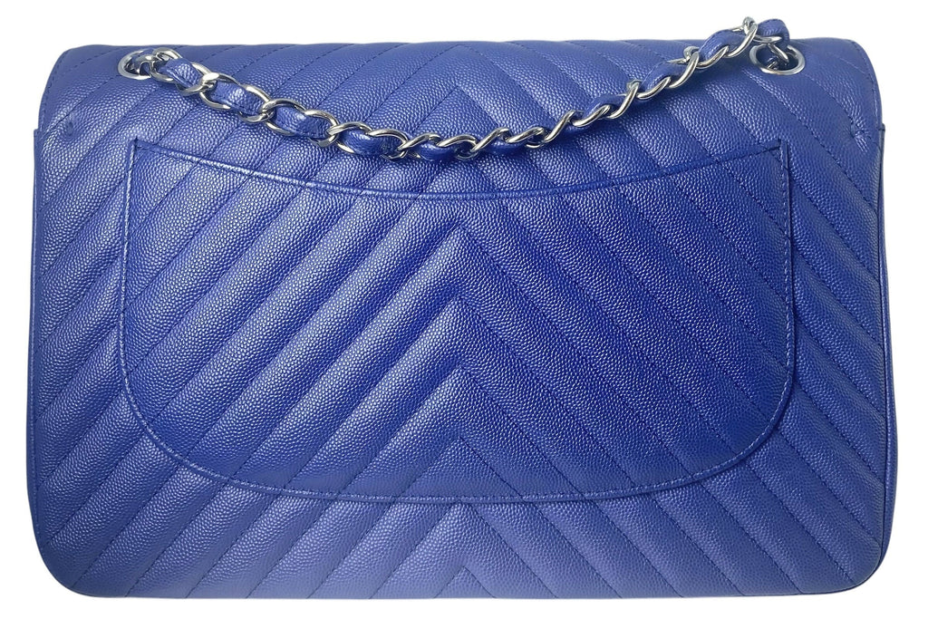 Chanel 2019 Bright Blue Caviar Chevron Quilted Jumbo Double Flap Timeless Classic Bag SHW