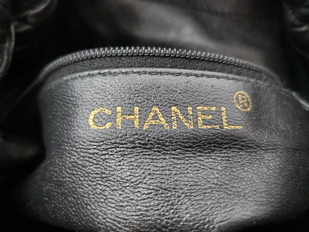 Vintage CHANEL 24k Gold Black Leather Quilted Bucket Bag