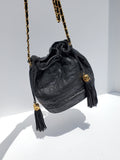 Vintage CHANEL 24k Gold Black Leather Quilted Bucket Bag