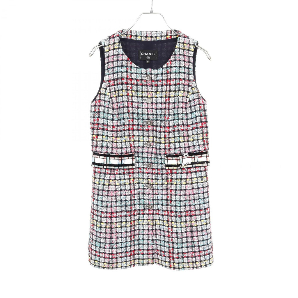 Chanel Coco Mark Button Tweed Cotton Nylon Long Gilet