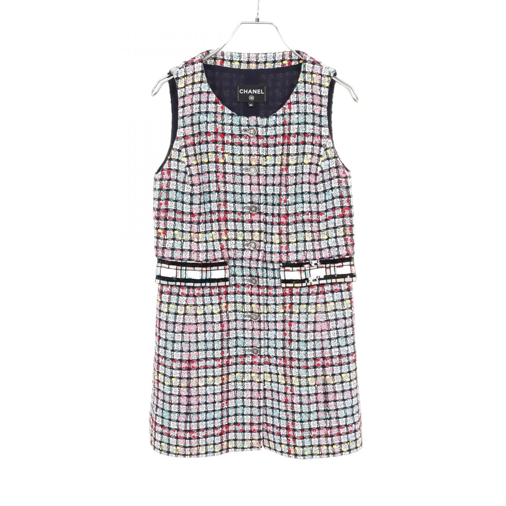 Chanel Coco Mark Button Tweed Cotton Nylon Long Gilet