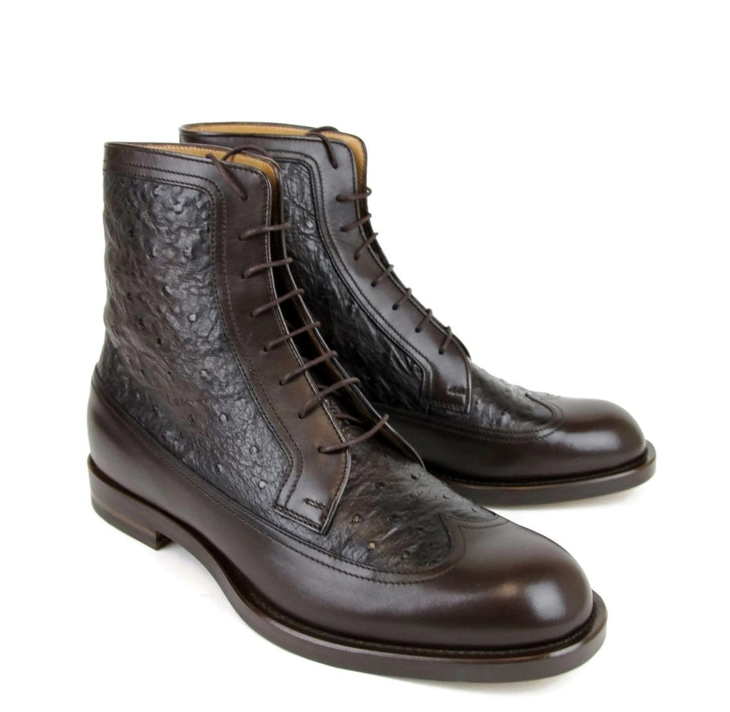 GUCCI Men's Lace-up Ostrich Leather Ankle Boots Brown 322508 US 8