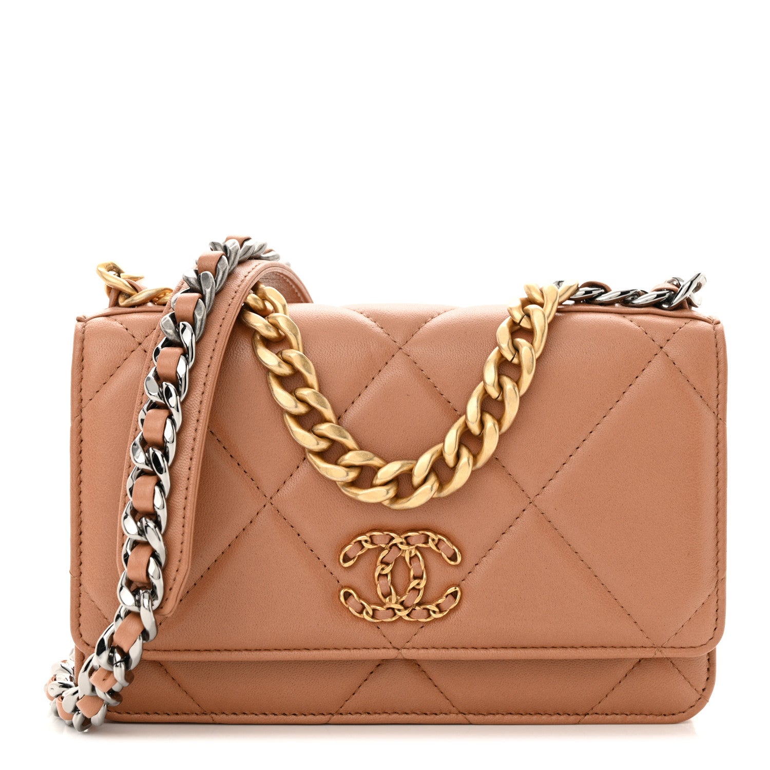 Lambskin Quilted Chanel 19 Wallet On Chain WOC Brown