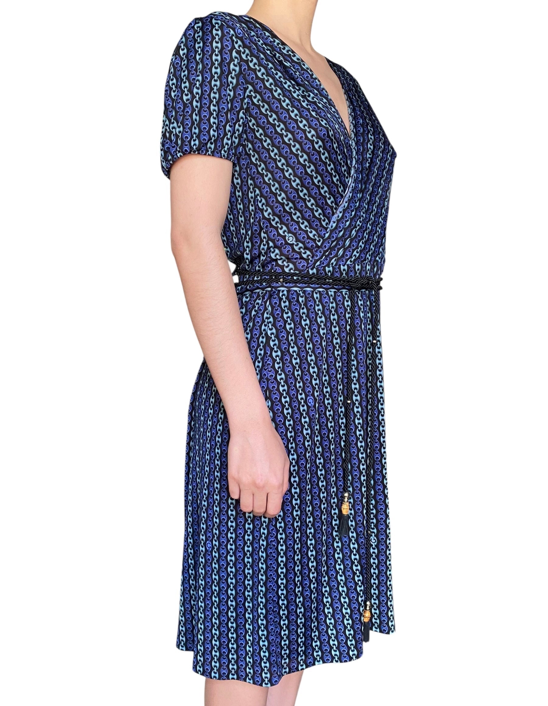 Gucci Tom Ford Blue Chain Link Printed Wrap Dress - L