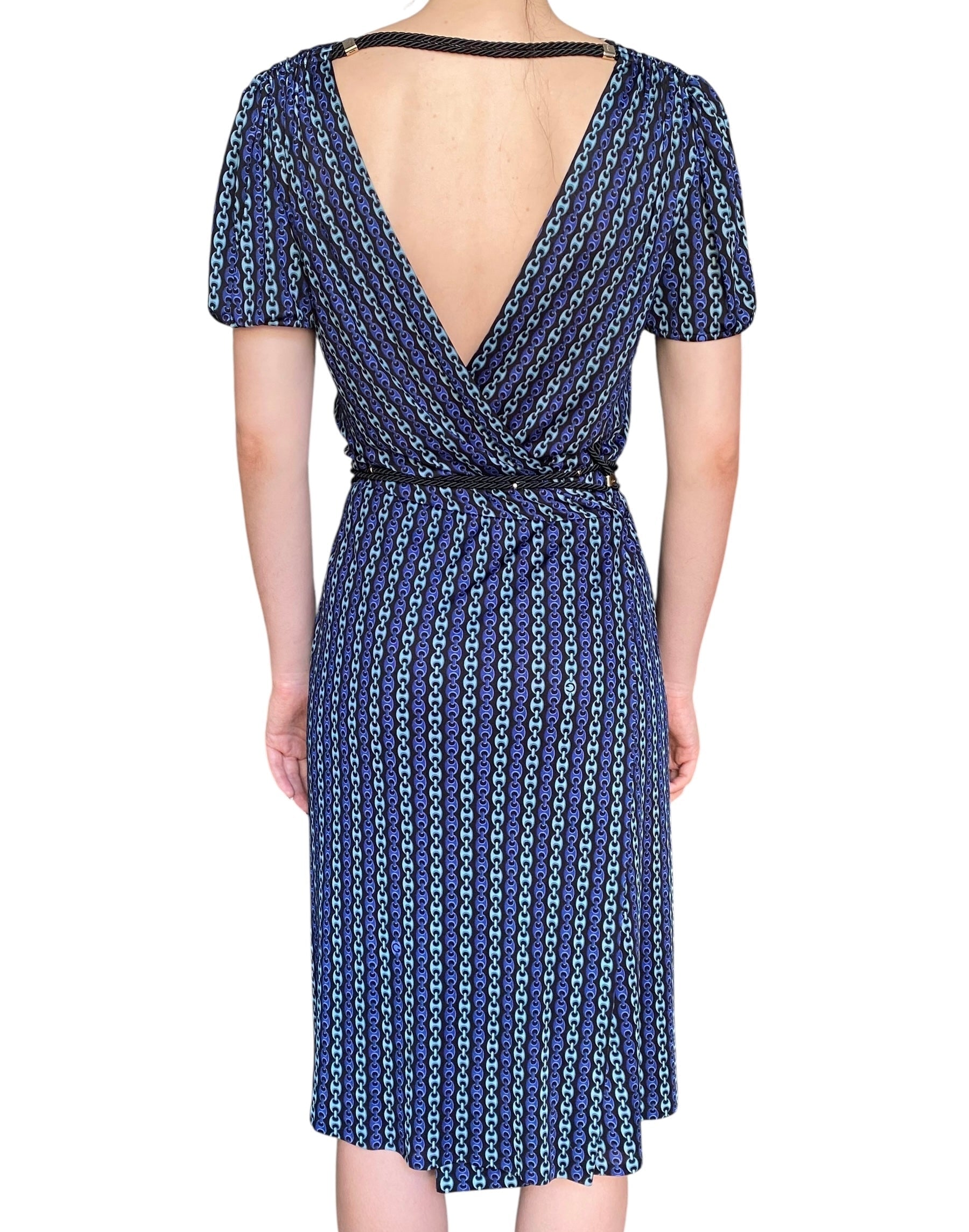 Gucci Tom Ford Blue Chain Link Printed Wrap Dress - L