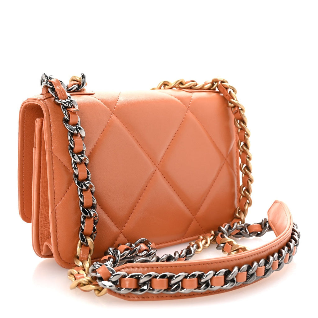 Lambskin Quilted Chanel 19 Wallet On Chain WOC Orange
