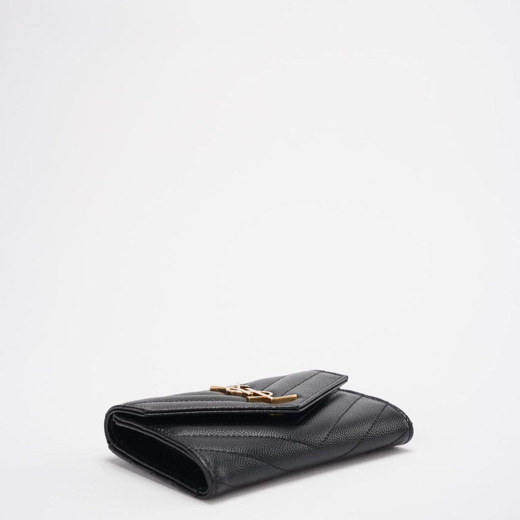 Saint Laurent Small Monogram Wallet Black Leather with Gold YSL Logo