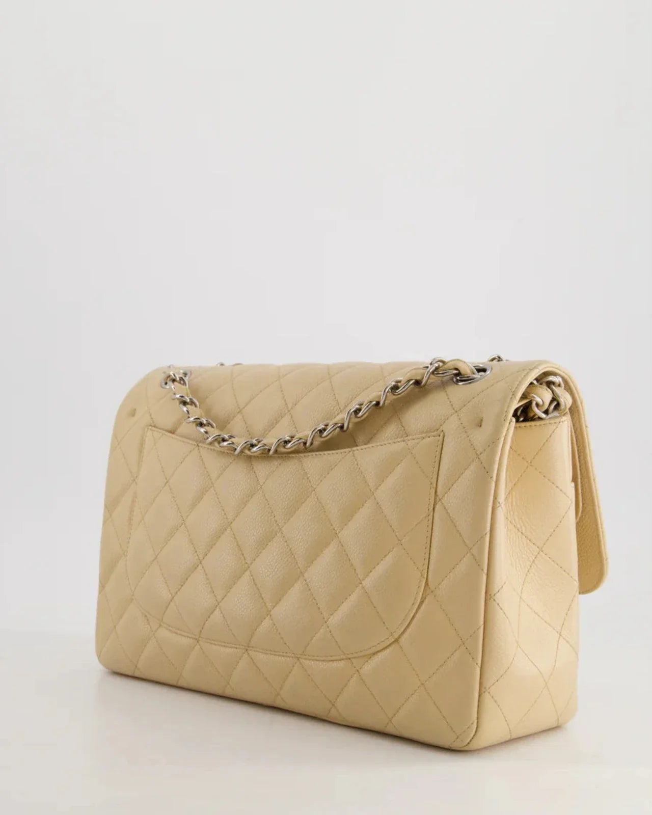 Chanel timeless Flap Bag Beige Jumbo Size Caviar Leather with Silver Hardware