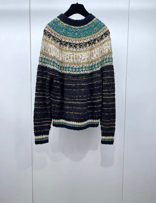 CHANEL 19A EGYPT RUNWAY BLACK BEIGE GREEN GOLD KNIT PULLOVER size 34