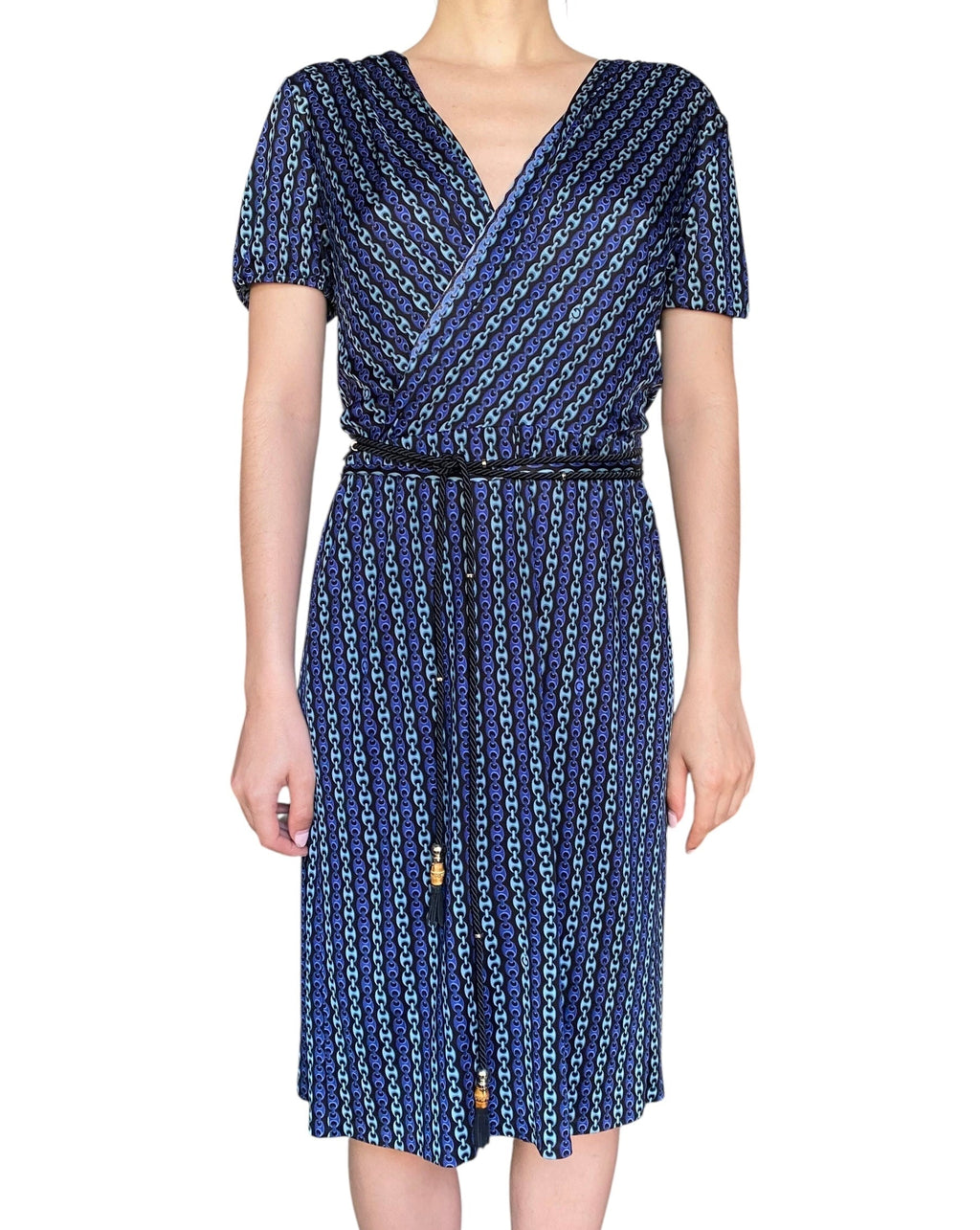 Gucci Tom Ford Blue Chain Link Printed Wrap Dress - L