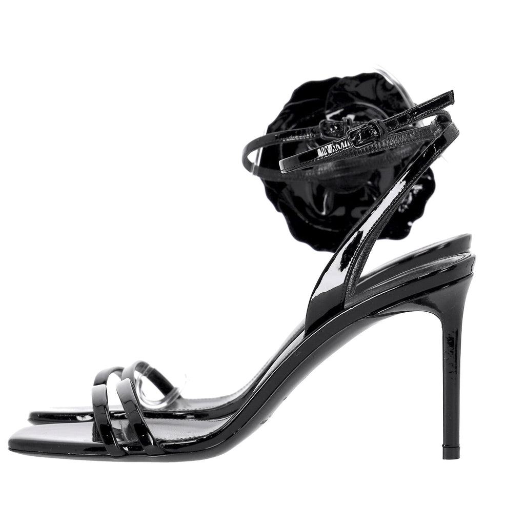 Saint Laurent Amber Flower-corsage Sandals In Black Patent Leather