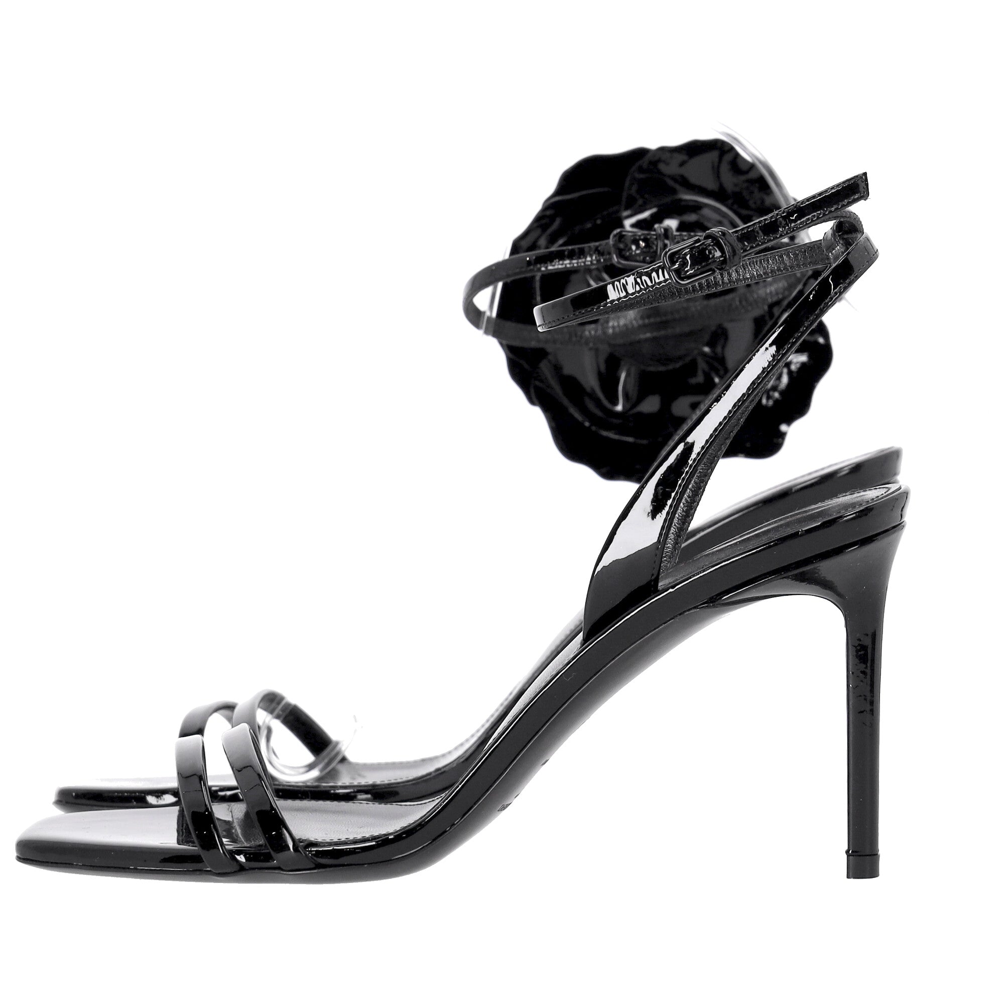 Saint Laurent Amber Flower-corsage Sandals In Black Patent Leather