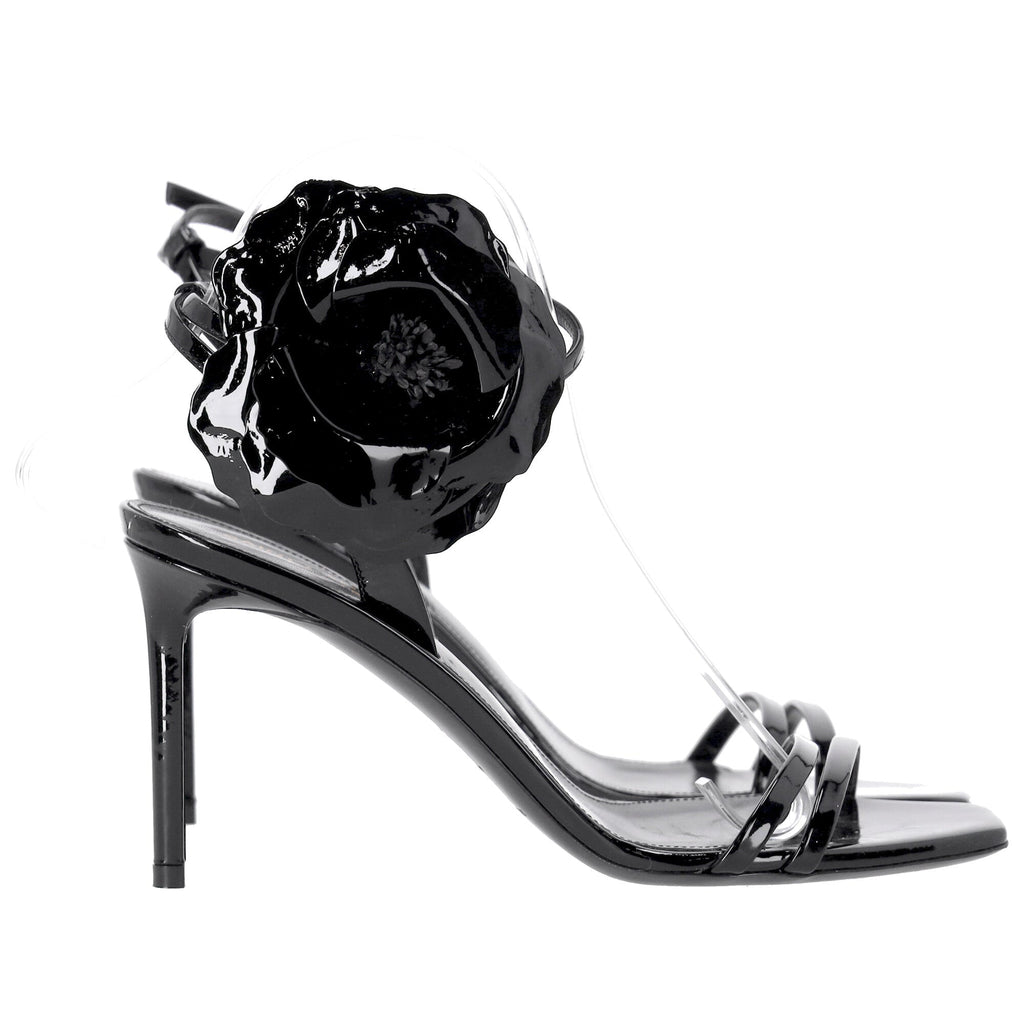 Saint Laurent Amber Flower-corsage Sandals In Black Patent Leather