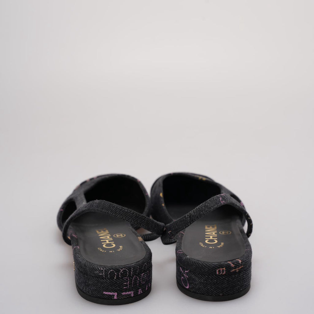 Chanel Black Denim Slingback Mademoiselle Coco Flat size 38