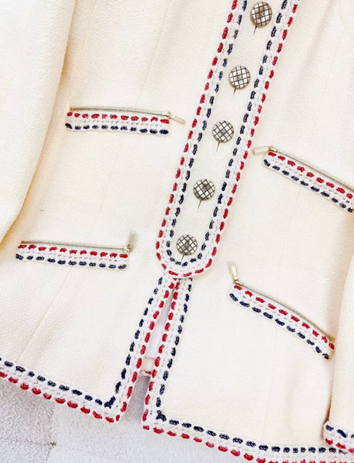 CHANEL 18B Hamburg Ivory Navy Red Tricolor Wool Braid Trim Jacket size 38