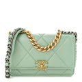 Shiny Lambskin Quilted Chanel 19 Wallet On Chain WOC Light Green
