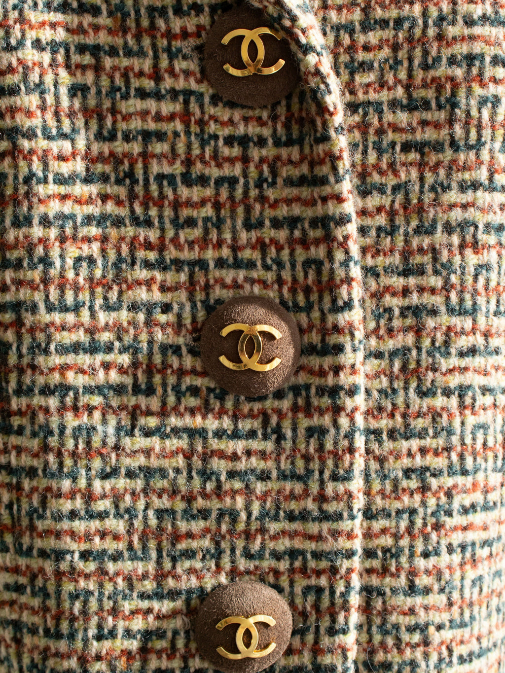 Chanel Vintage F/W 1992 English Tweed Suede Brown CC Gold Runway Jacket