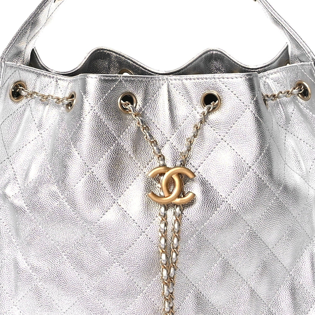 Metallic Caviar Quilted Medium Chanel 25 Handbag Silver