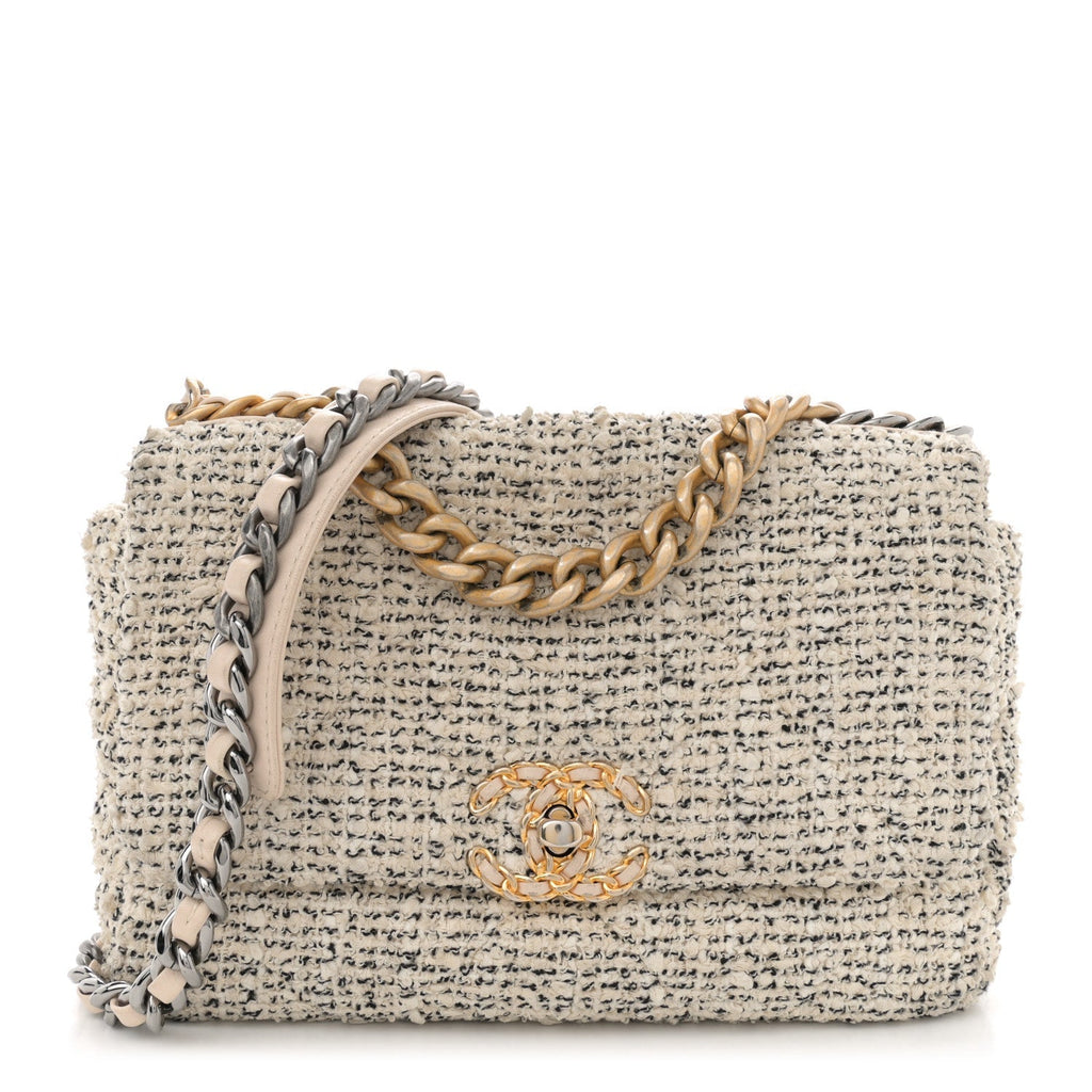 Tweed Quilted Medium Chanel 19 Flap Ecru Black
