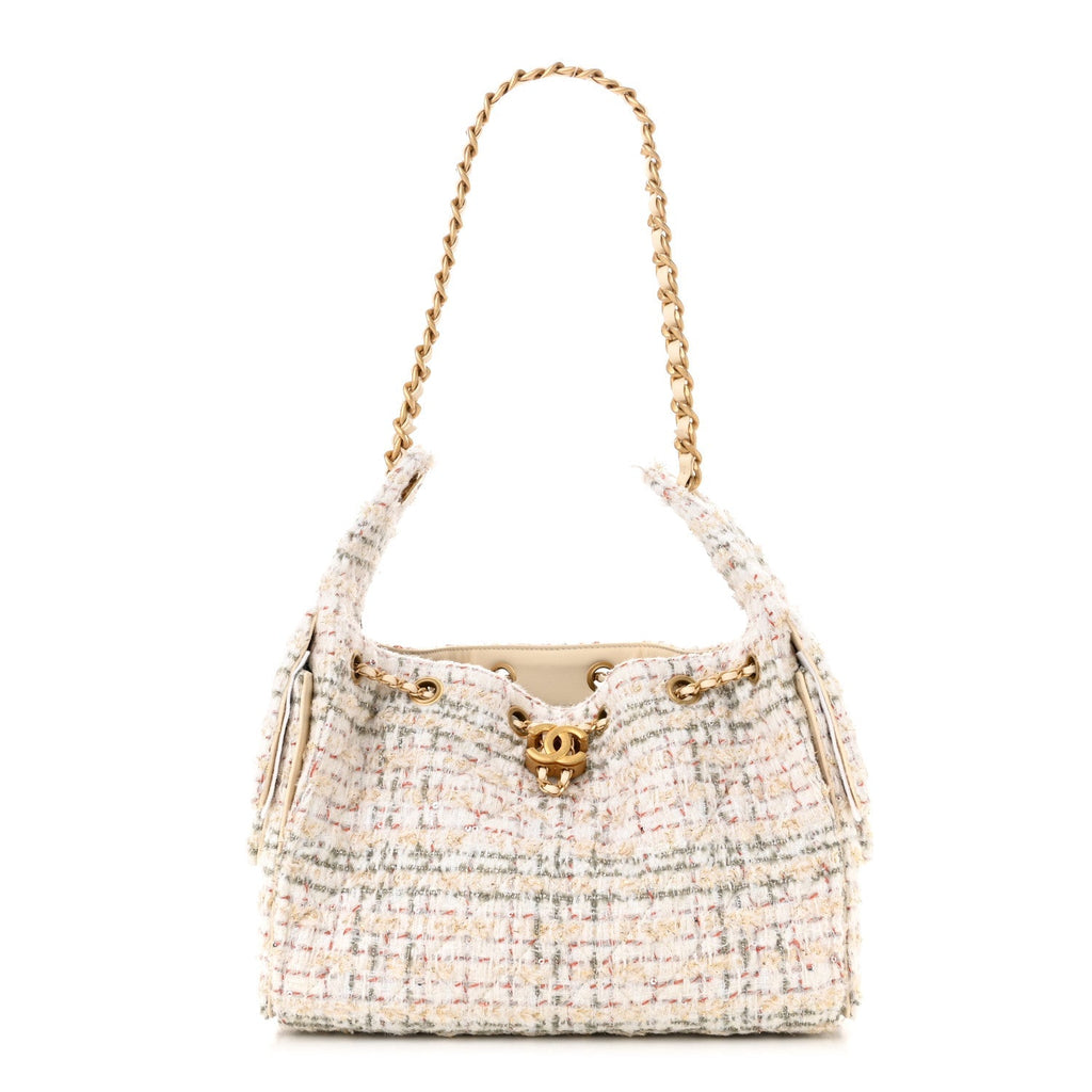 Tweed Quilted Small Chanel 25 Handbag Ecru Khaki Gold Red