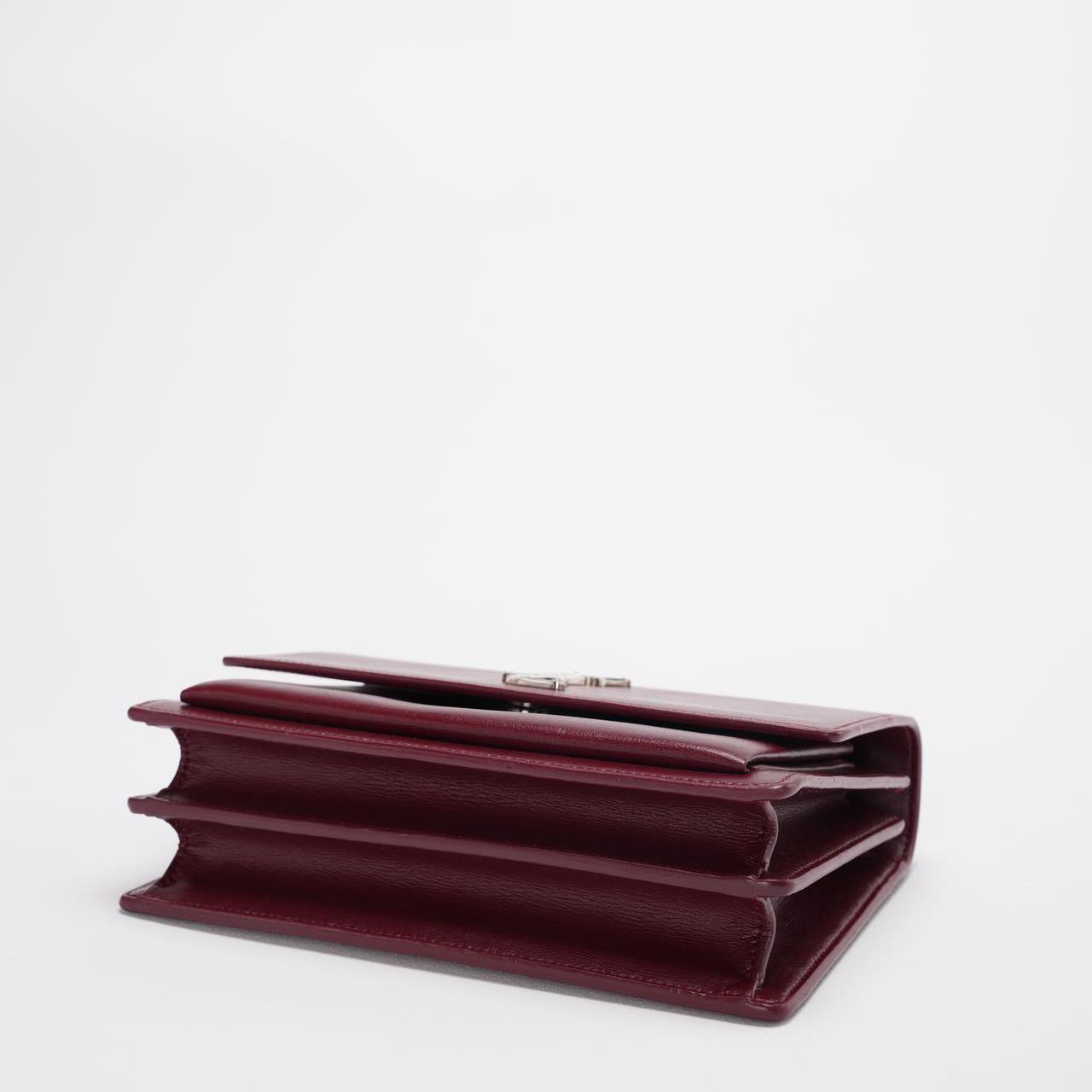 Saint Laurent Sunset Bag Burgundy Box Leder with Silver Hardware Medium