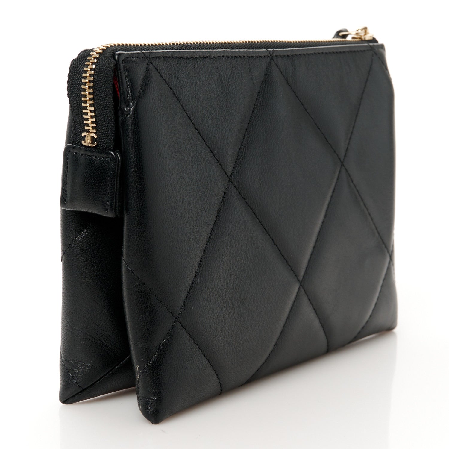 Shiny Goatskin Quilted Small Chanel 19 Pouch With Handle Black