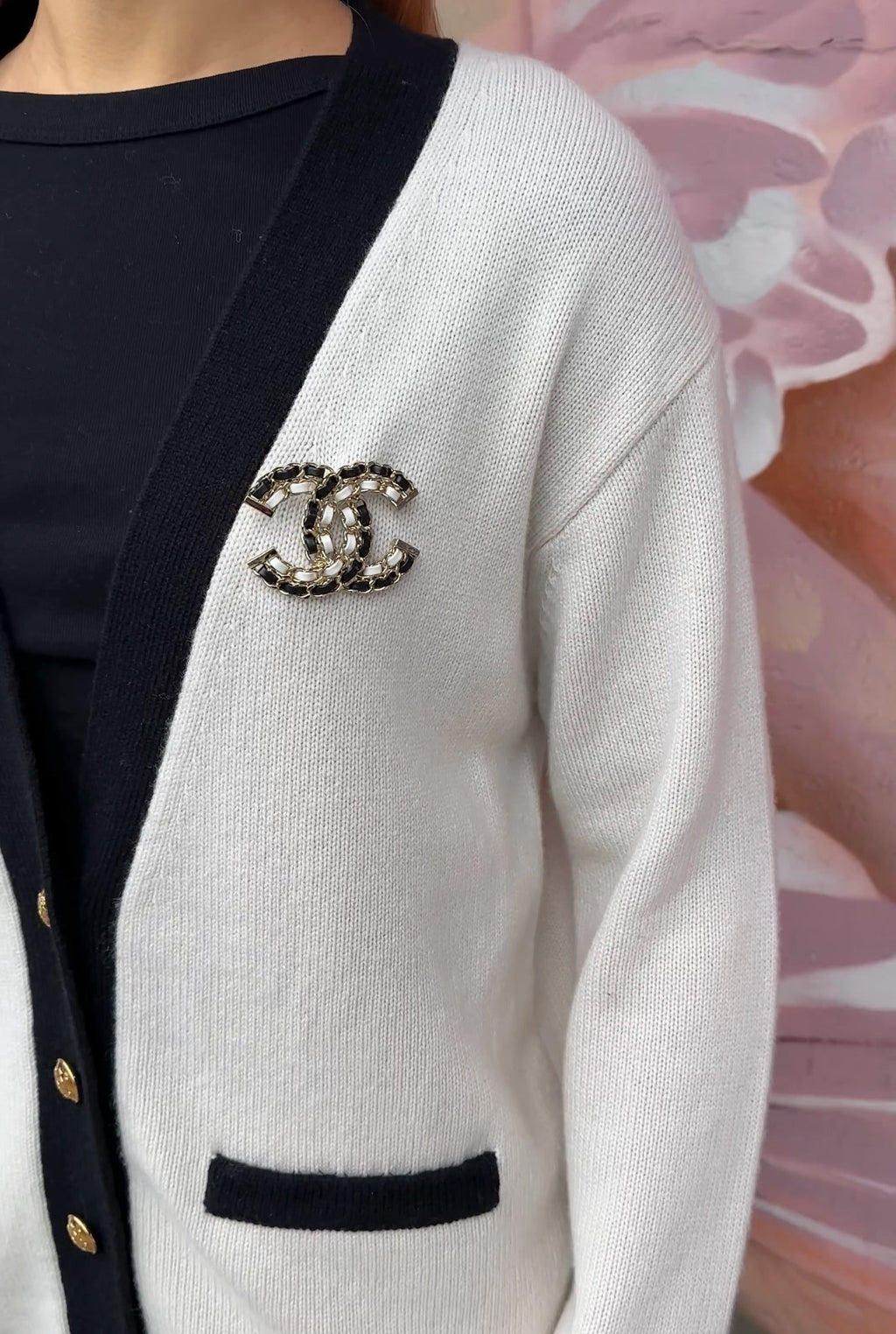 Chanel 22A Large Black and White Leather Woven Goldtone CC Brooch