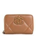 Lambskin Quilted Chanel 19 Zip Around Coin Purse Wallet Brown
