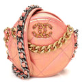 Iridescent Calfskin Quilted Chanel 19 Round Clutch With Chain Pink