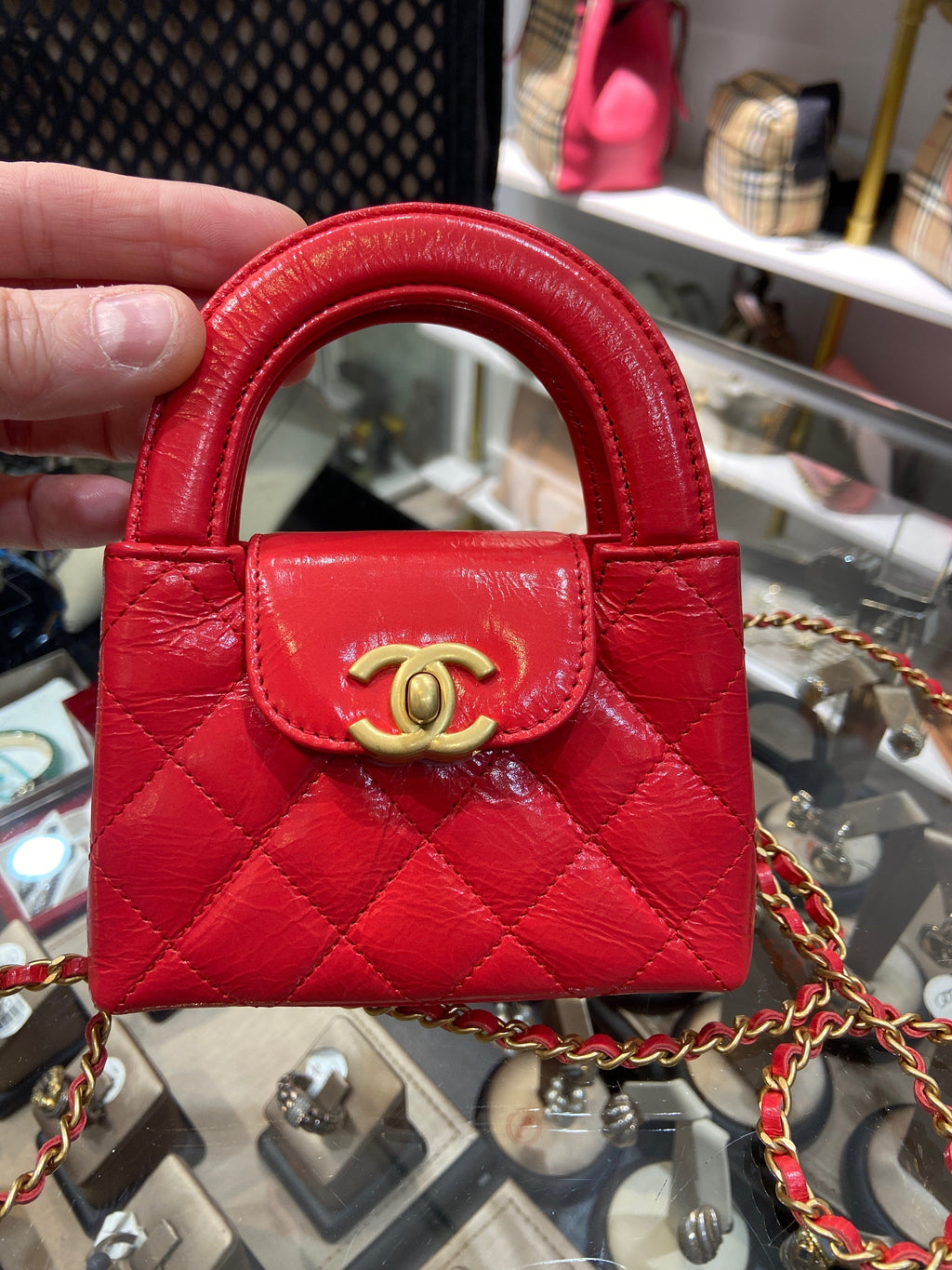 CHANEL SHINY AGED CALFSKIN QUILTED NANO KELLY SHOPPER BAG