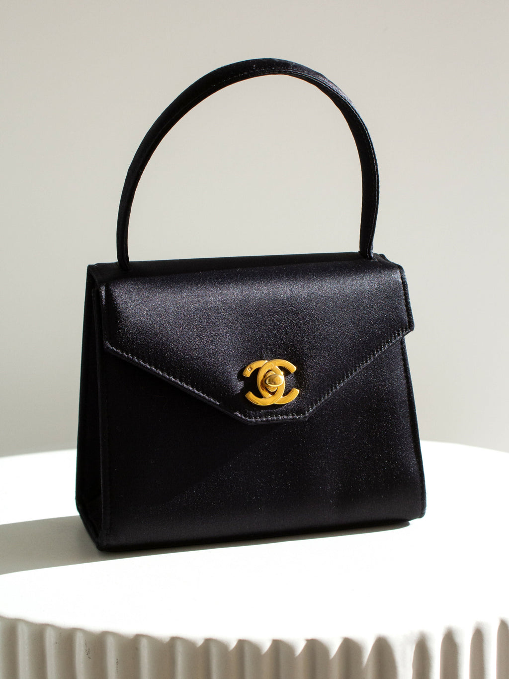 Chanel Vintage Kelly 1996 Black Satin 24K Gold Mini Evening Bag