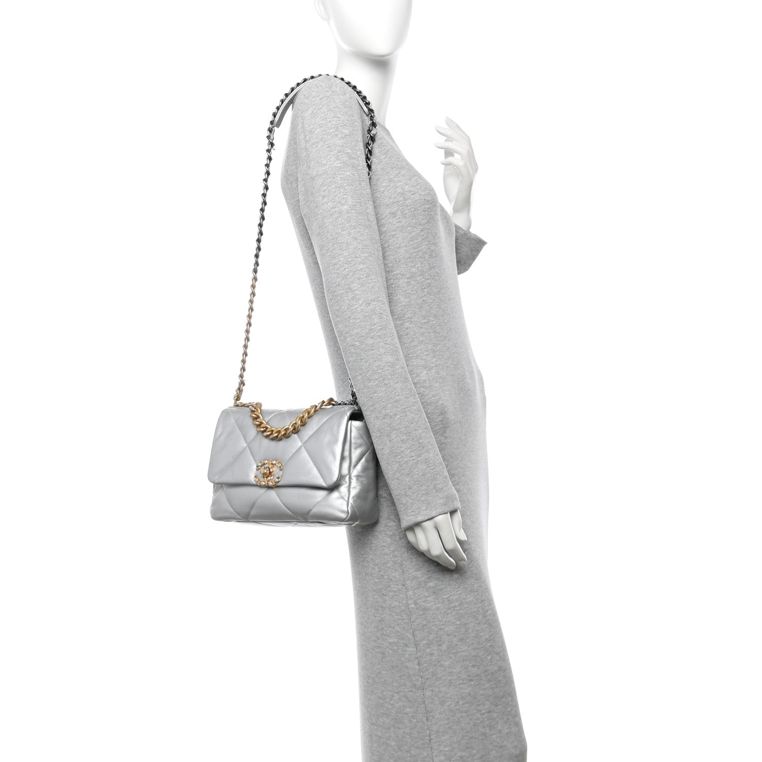 Metallic Lambskin Quilted Medium Chanel 19 Flap Silver