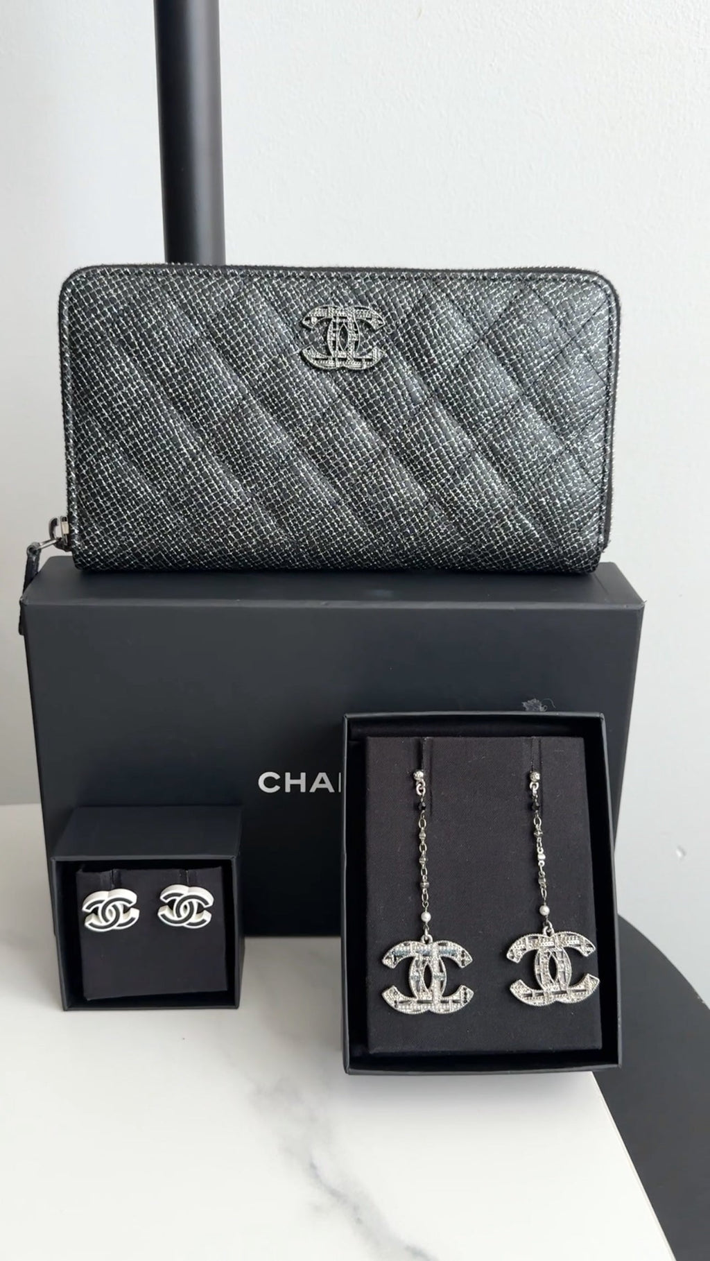 Chanel 22S Black and Ivory Resin CC Stud Earrings