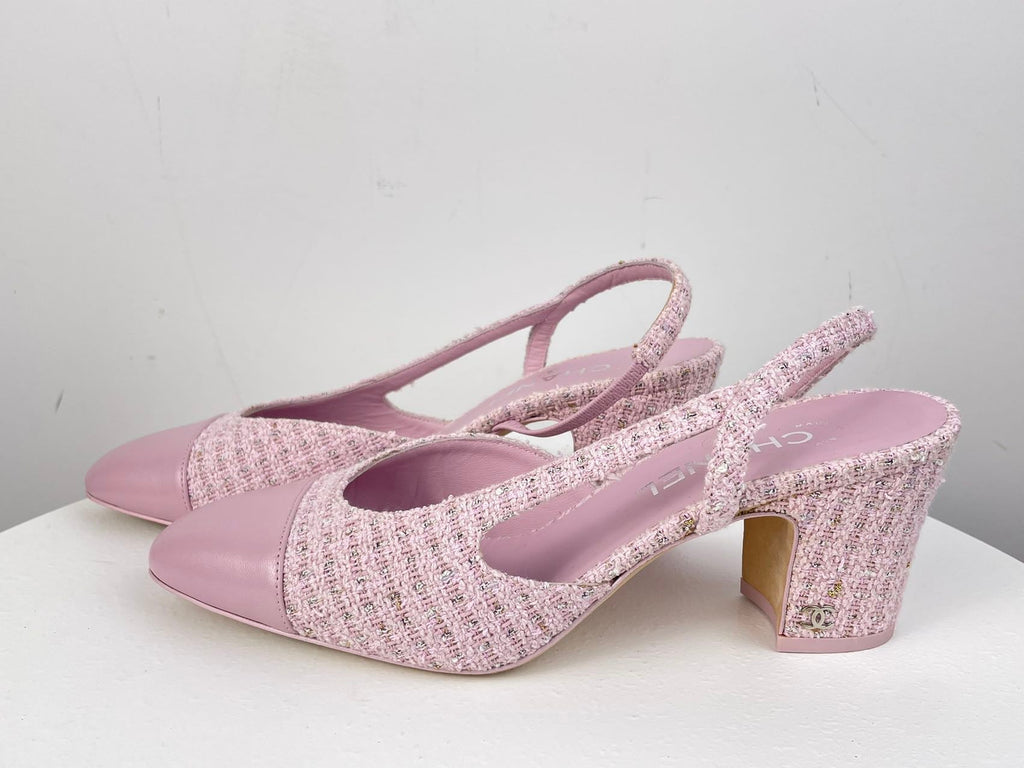 Chanel Pink Tweed M Slingback Pumps with CC Logo 39