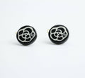 Chanel Vintage 03P Resin Black and White Camellia Button Hoop Earrings