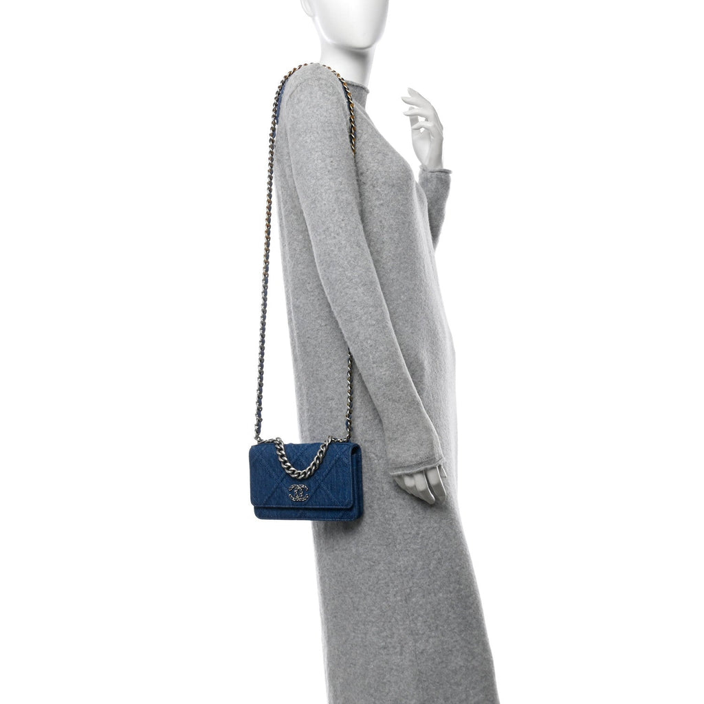 Denim Quilted Chanel 19 Wallet On Chain WOC Blue