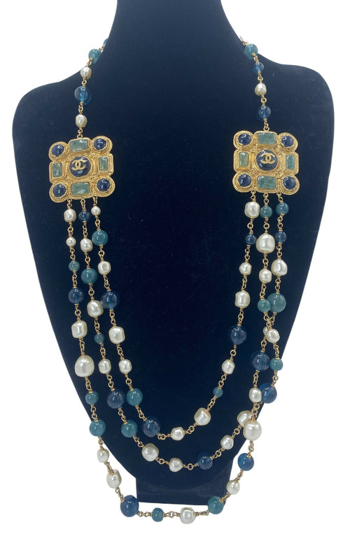 Chanel 11A Paris-Byzance 3 Strand Pearl Medallion Gold Green Blue Necklace/Belt