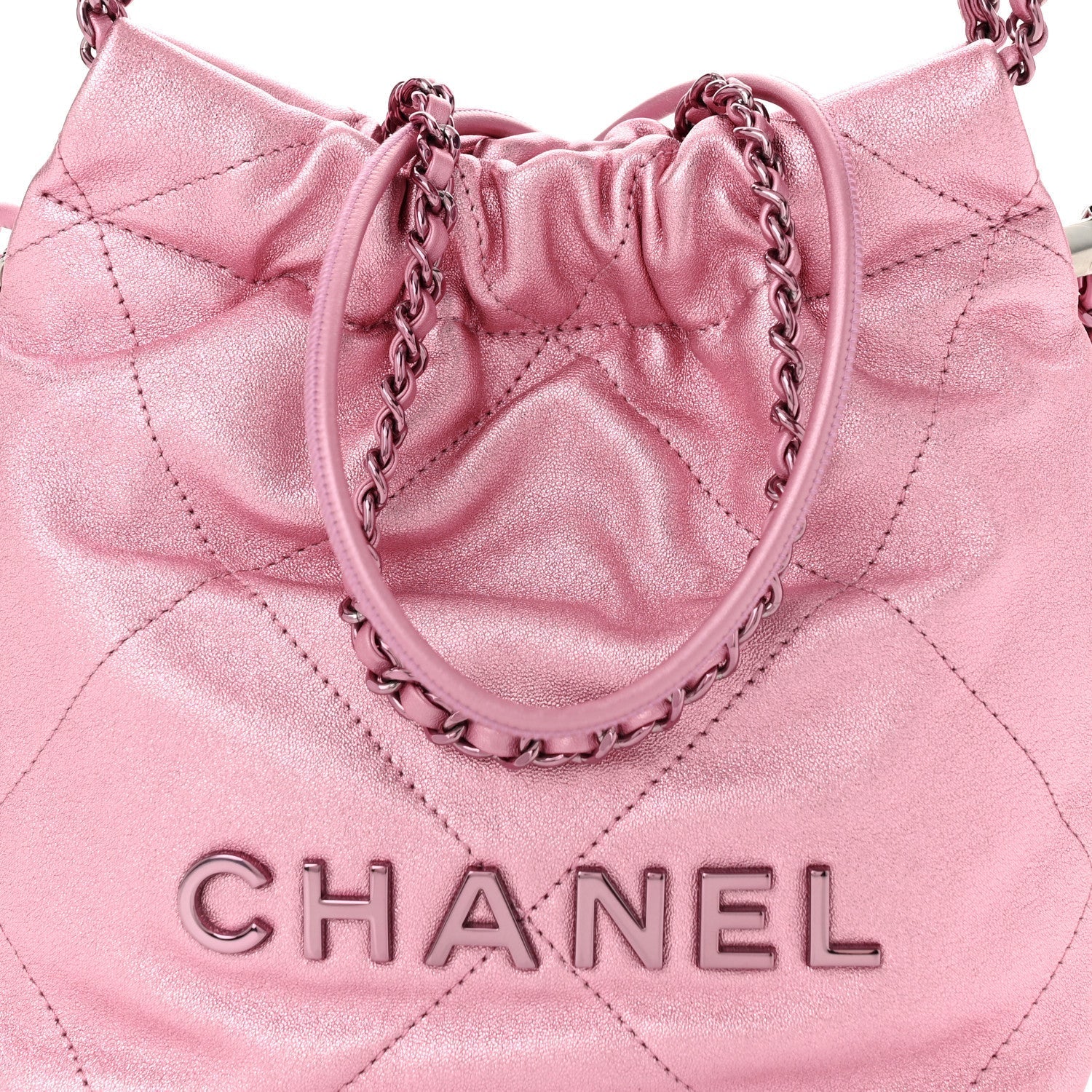 Metallic Lambskin Lacquered Monochrome Quilted Mini Chanel 22 Pink
