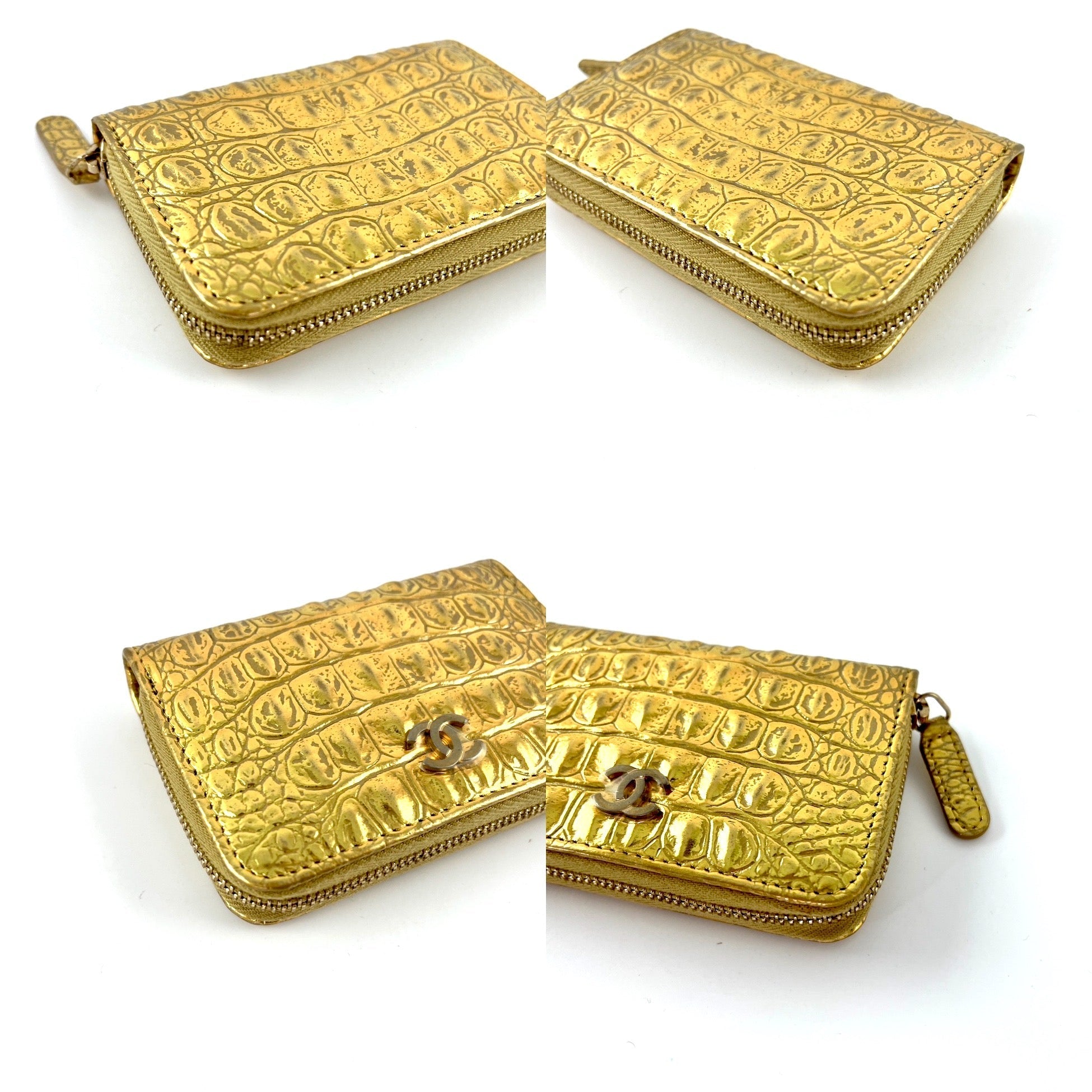 New CHANEL Gold Croc Embossed Zip O Coin Purse Wallet